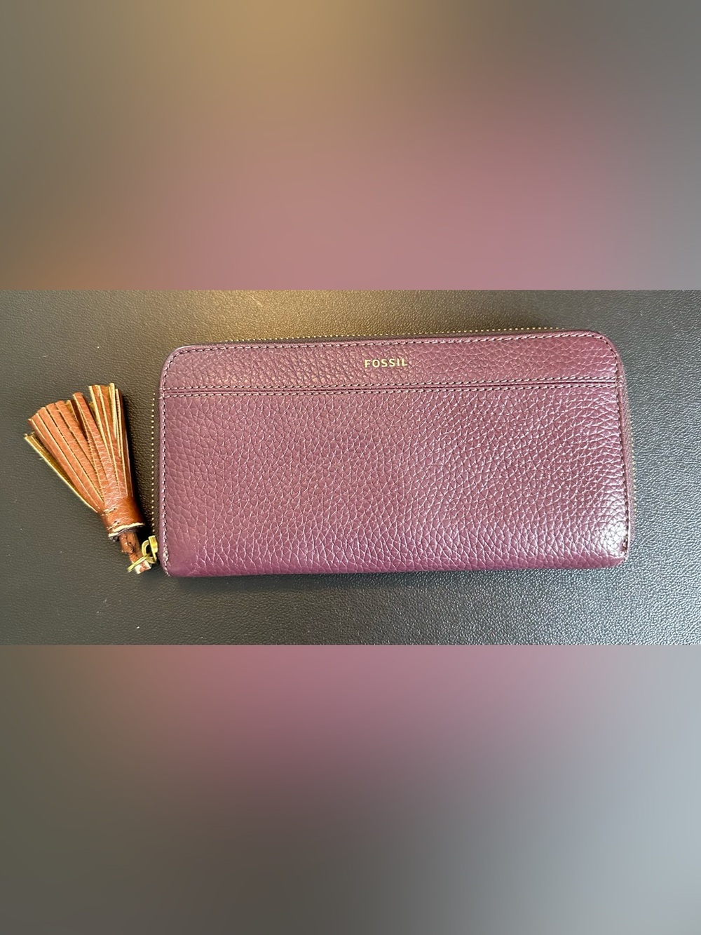 Fossil Logan Zip Around Leather Wallet Purple Tassel